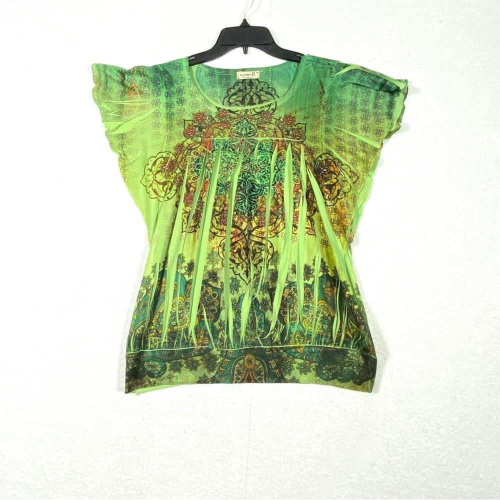 One World Blouse Women's M Green Boho Paisley Short Flutter Sleeve Flowy Top USA